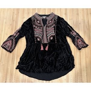 JOHN & MARK Embroidered Floral Velvet Tunic Blouse Sz L Tassels Split Neck Boho